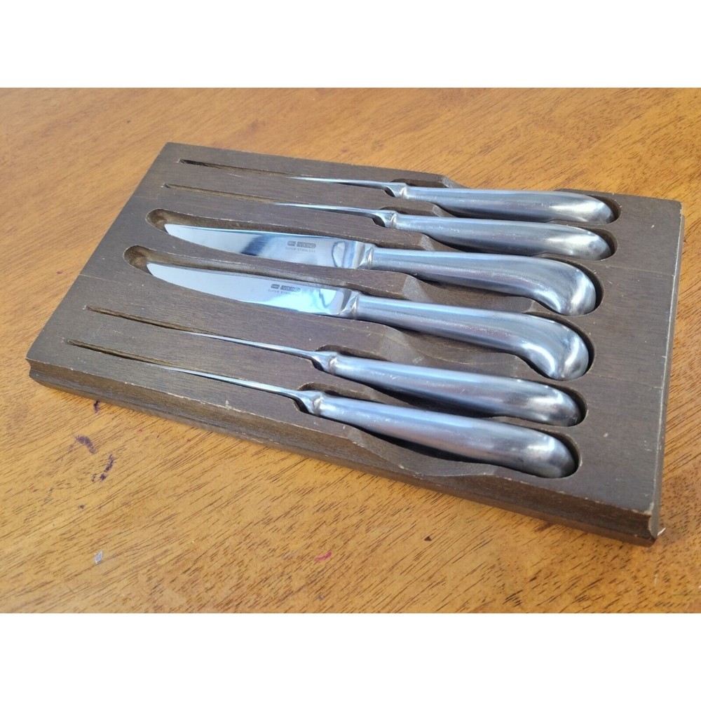 6 Viking Super‎ Stainless Steel Handcrafted Knives Curved Arched Handles w/Box